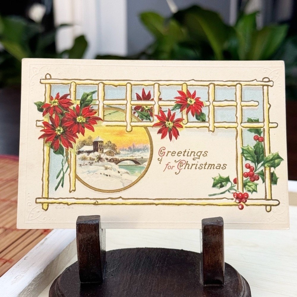 J.P. 1916 Greetings for Christmas Antique Postcard Embossed Paper Ephemera